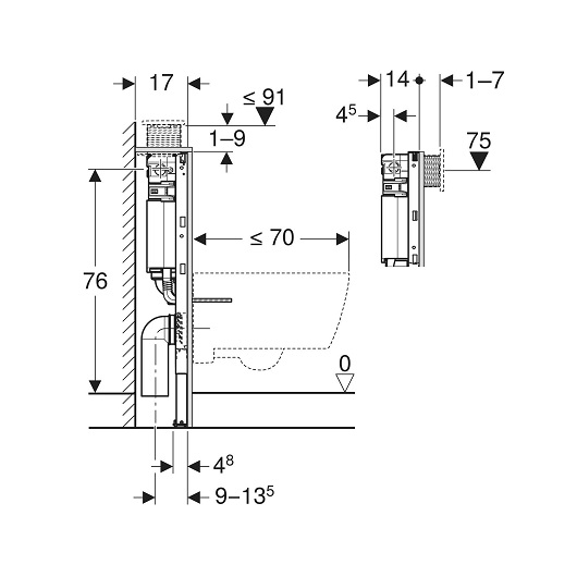 Монтажный элемент для подвесного унитаза Geberit Duofix, 82 см, со смывным бачком скрытого монтажа Omega 12 см (Замена артикула 111.003.00.1)