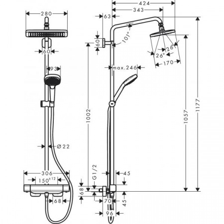 Душевая система Showerpipe 280 1jet с термостатом Hansgrohe 27630000