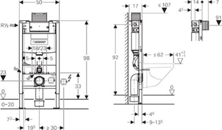 Монтажный элемент для подвесного унитаза Geberit Duofix, 98 см, со смывным бачком скрытого монтажа Omega 12 см (Замена артикула 111.030.00.1)
